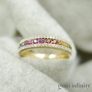 Bague arc-en-ciel or 750, saphirs de couleurs et diamants