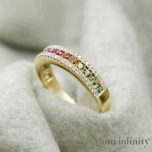 Bague arc-en-ciel or 750, saphirs de couleurs et diamants