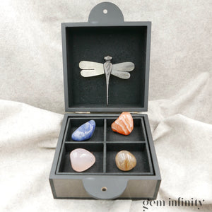 COFFRET BONHEUR, Quartz bleu, Quartz rutilé, Calcédoine rose, Cornaline