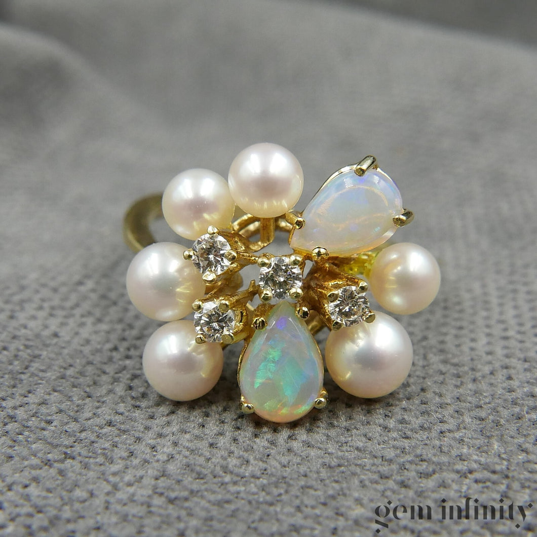 Bague opales, perles et diamants