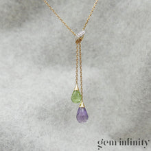 Upload image to gallery, Gold necklace, peridot amethyst briolettes and diamonds
