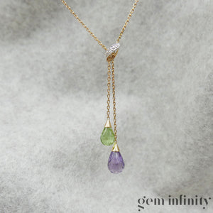 Gold necklace, peridot amethyst briolettes and diamonds