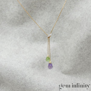 Gold necklace, peridot amethyst briolettes and diamonds