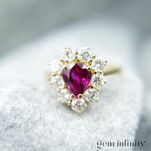 Bague or rubis goutte et diamants