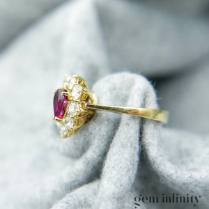 Bague or rubis goutte et diamants