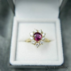 Bague or rubis goutte et diamants